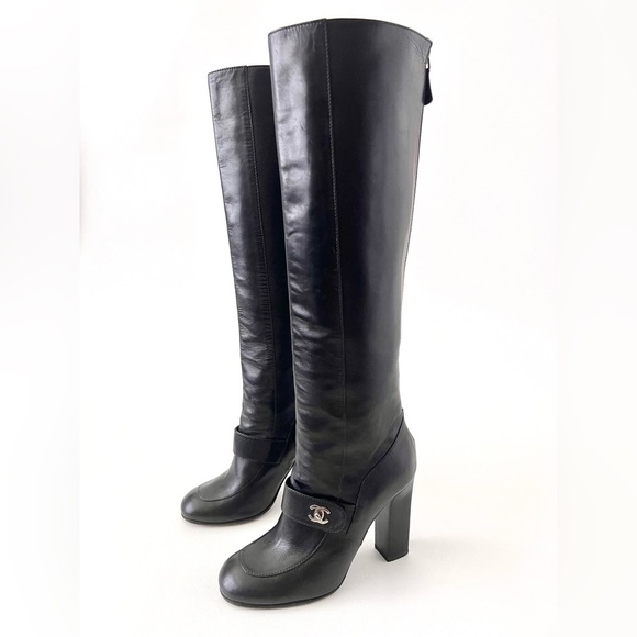 CHANEL | Black Leather Knee High Heel Boots CC Logo Turnlock EU 37 - Picture 2 of 15
